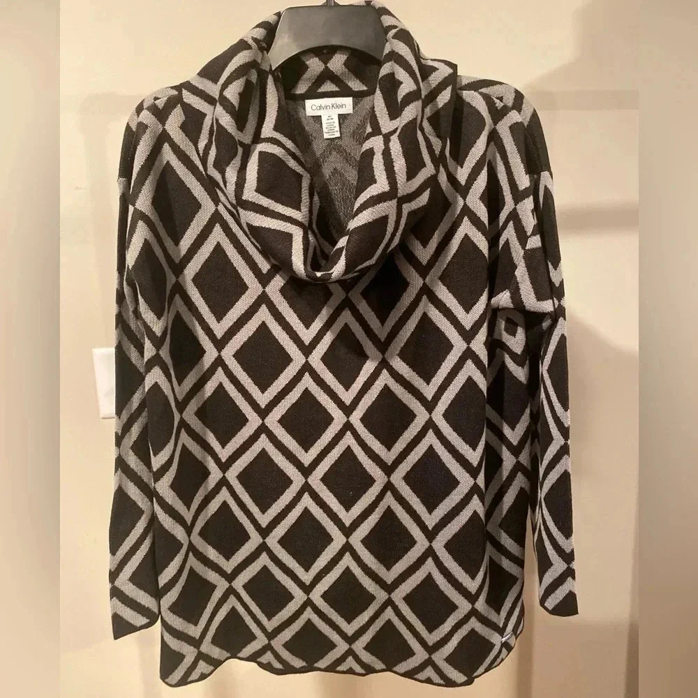 Calvin Klein Sweater Womens M Multicolor Geometric Cowl Neck Long Sleeve Acrylic